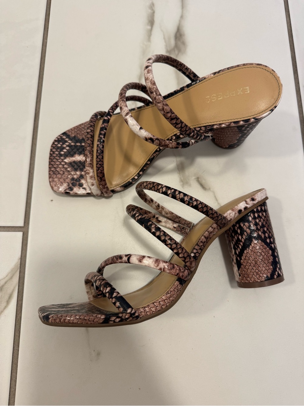 Express Women's Brown Snake-Print Strappy Block Heel Sandals
